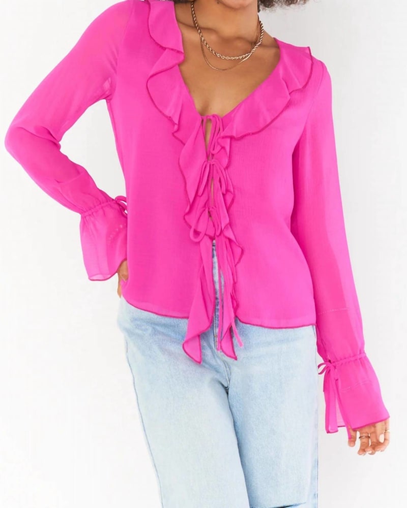 Front of a model wearing a size L Adela Ruffle Top in Pink Crinkled Chiffon in Pink Crinkled Chiffon by Show Me Your Mumu. | dia_product_style_image_id:332406